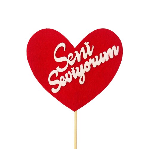 Keçeden 9 cm Seni Seviyorum Kırmızı Kalp Çubuklu Süs 5 Adet